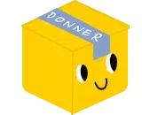Boîte jaune souriante avec le mot 'DONNER' inscrit au-dessus