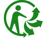 Symbole vert de recyclage avec une personne jetant un objet dans trois flèches circulaires