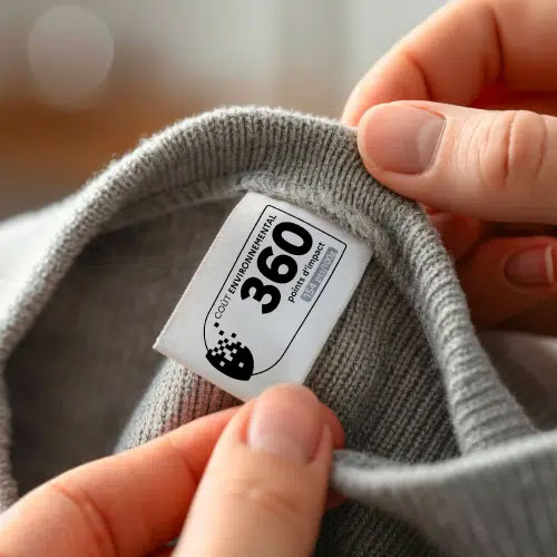 Étiquette affichant le coût environnemental d’un vêtement avec un score de 360 points d’impact, tenue entre deux mains